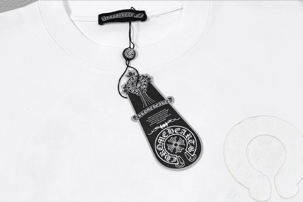 🅿️200 [CH Crow Heart] 2025FW short-sleeved T-shirt, patch embroidery, high-end 26s double yarn 300g fabric, heavy fabric, custom stretcher rib, same cylinder and dye, complete three standards, same style for men and women, color: black, white, size: S M L XL 2XL